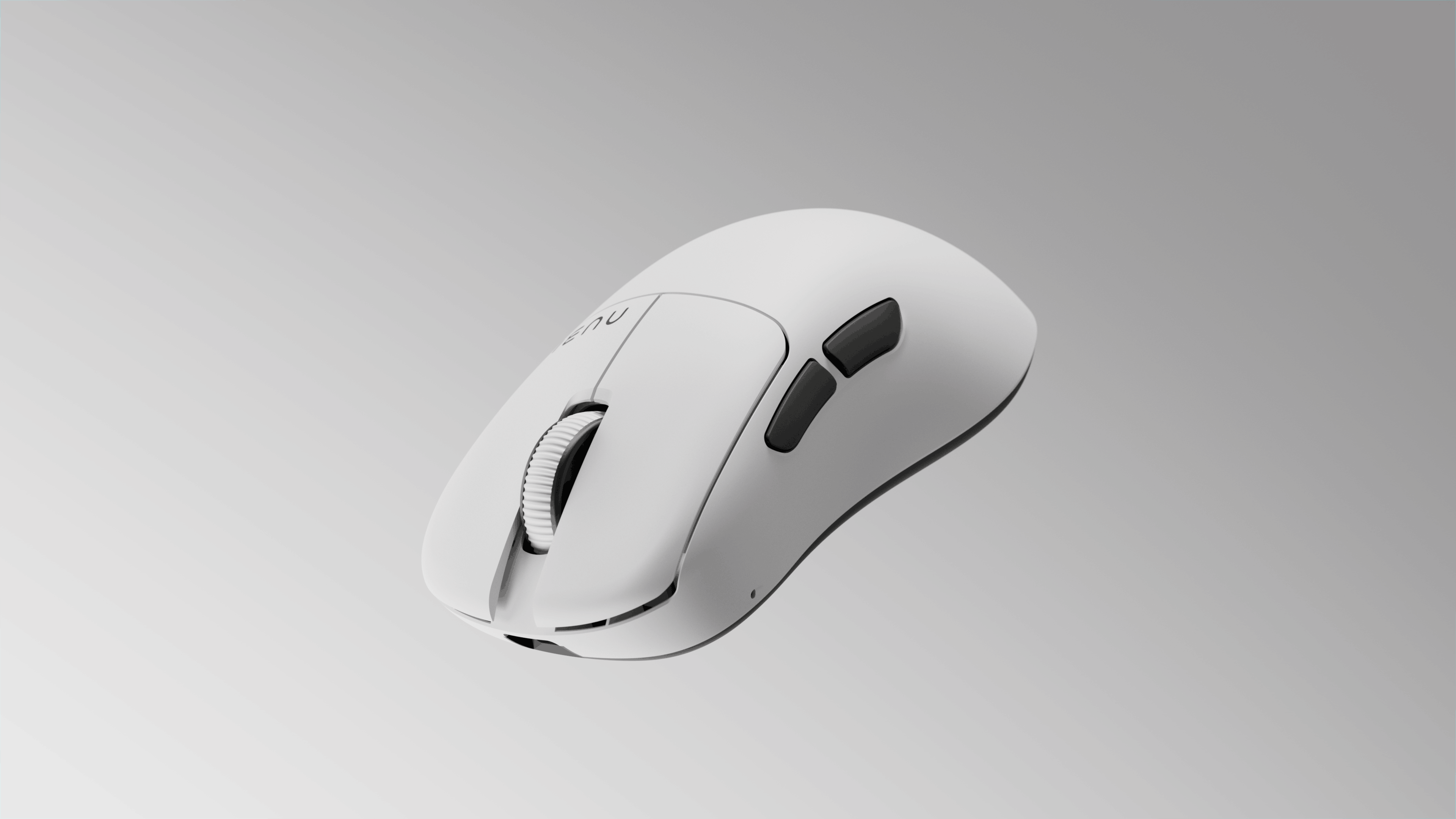 Sleek white computer mouse with two black side buttons and a textured scroll wheel, shown on a light gray gradient background.