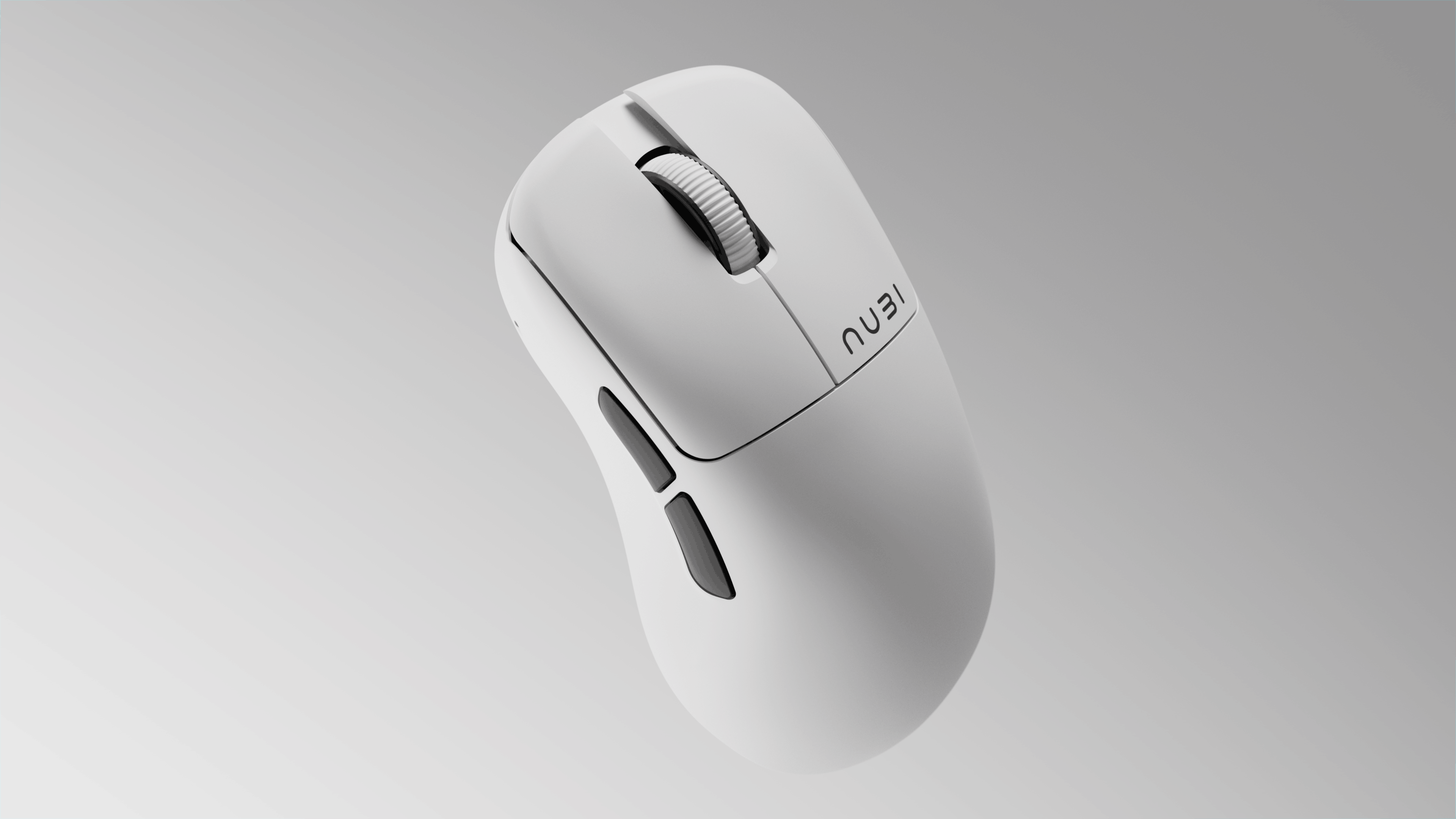 White ergonomic computer mouse with two black side buttons and a scroll wheel, displaying the brand name NUBI on the top right button.