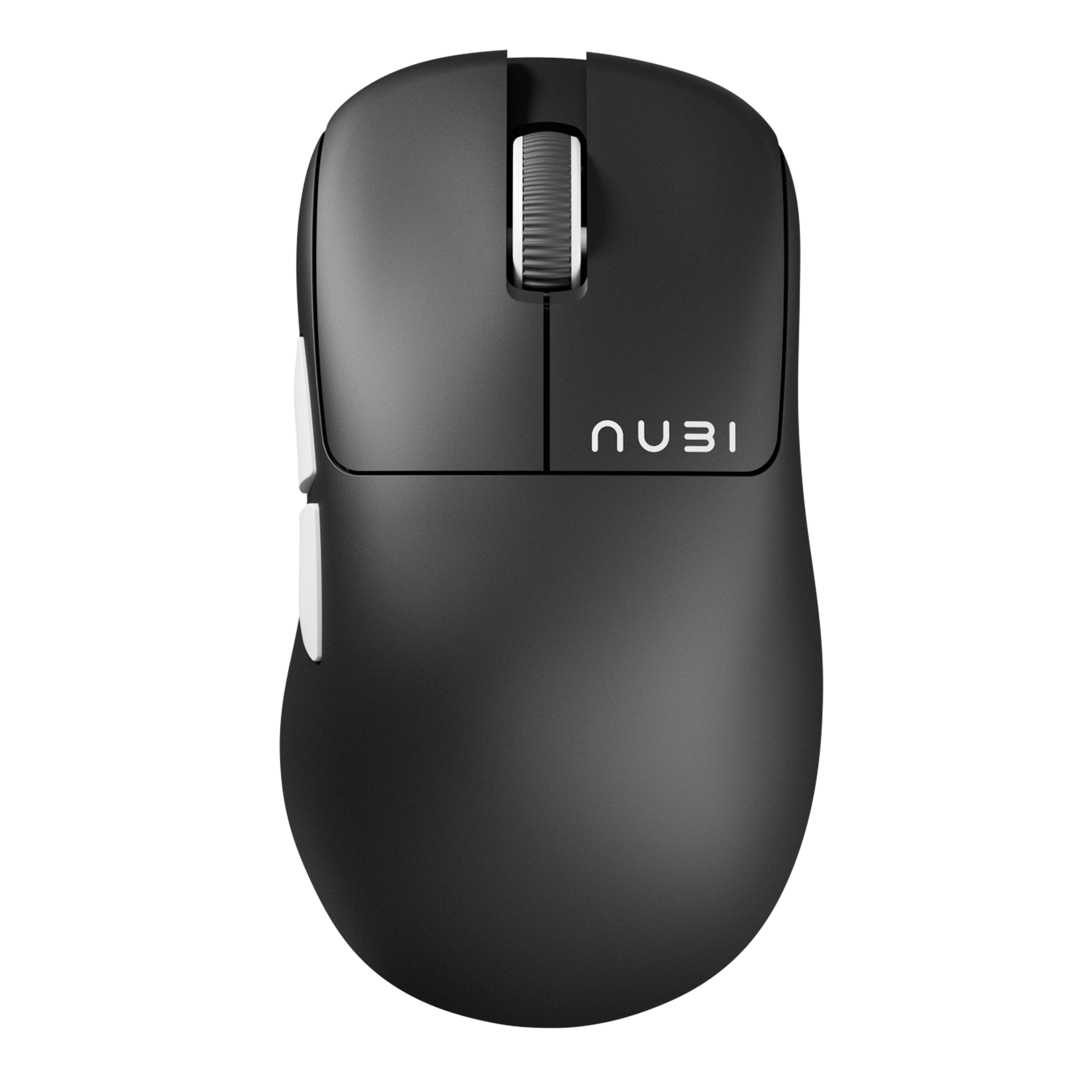 Top-down view of a black computer mouse with a scroll wheel and two white side buttons, featuring the brand name 'nubi' near the buttons.