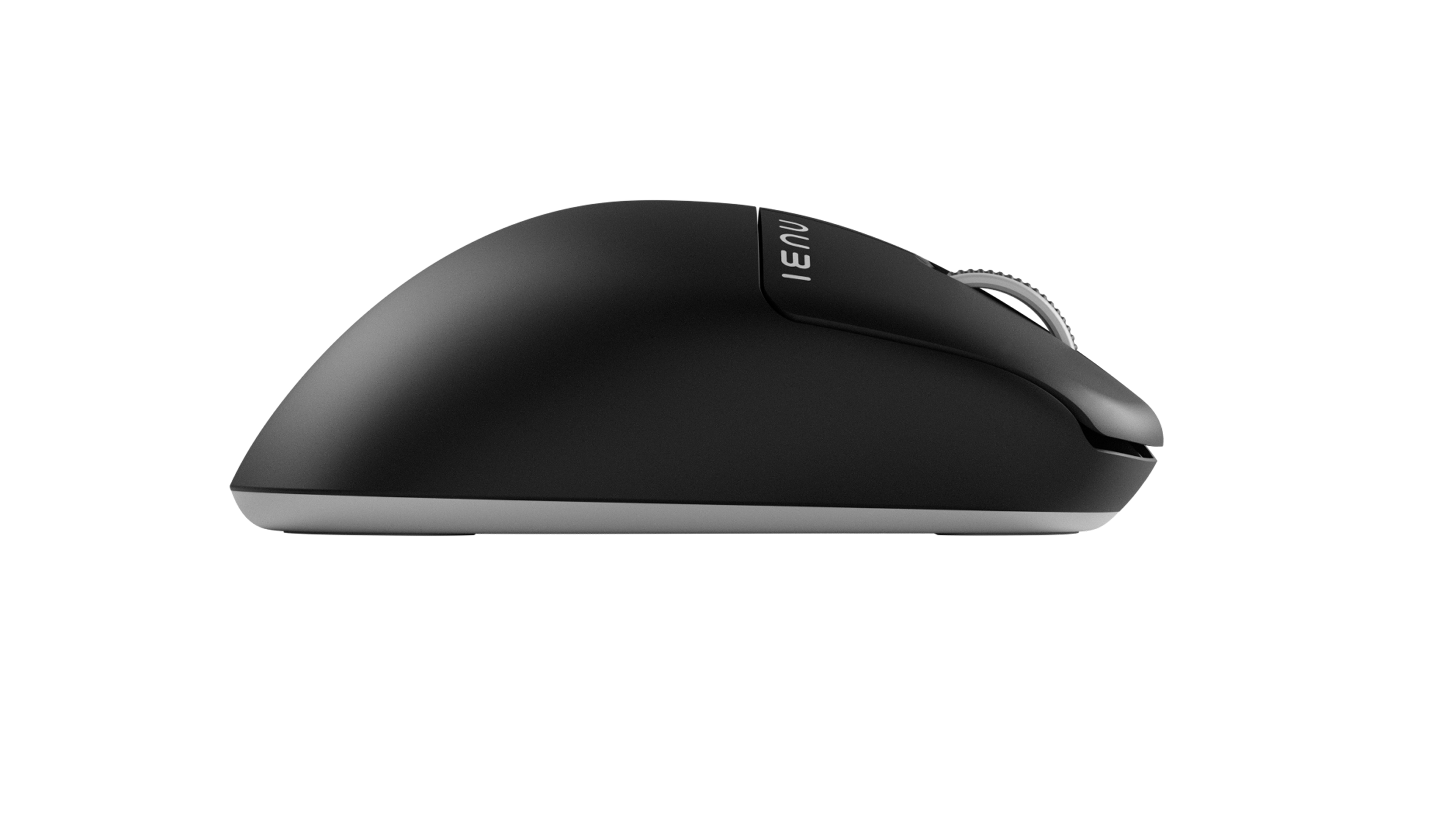 Side view of a black computer mouse with a matte finish and a white logo near the front, featuring a visible white scroll wheel at the top.