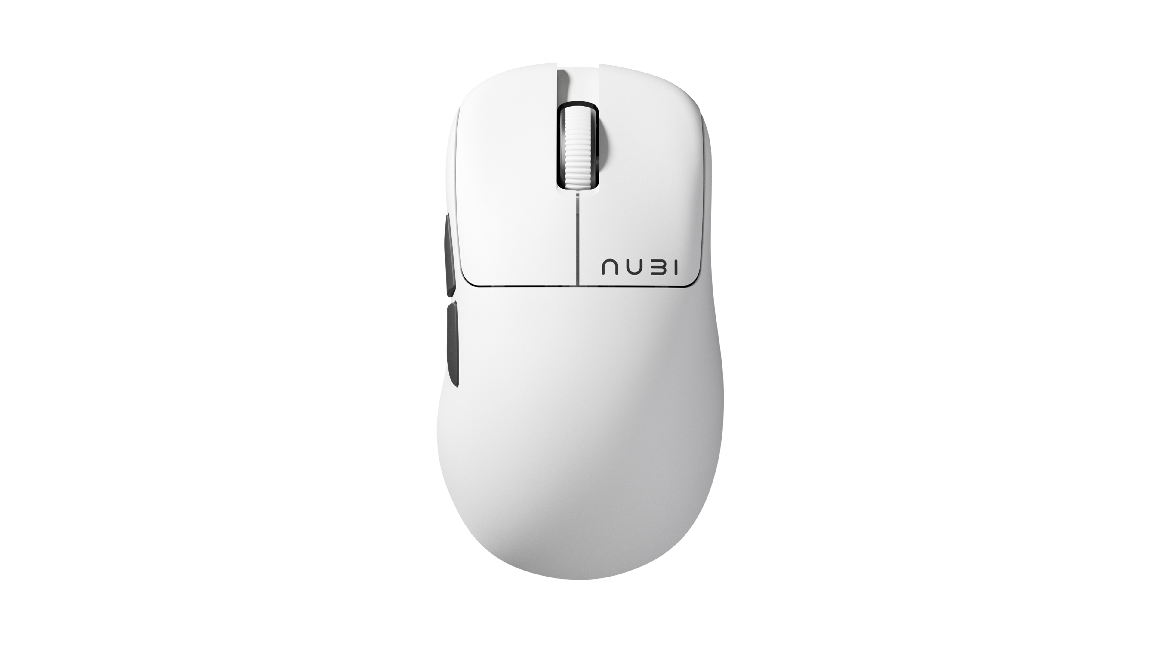 Top-down view of a white computer mouse with a scroll wheel, two black side buttons, and the brand name 'NUBI' printed near the front.