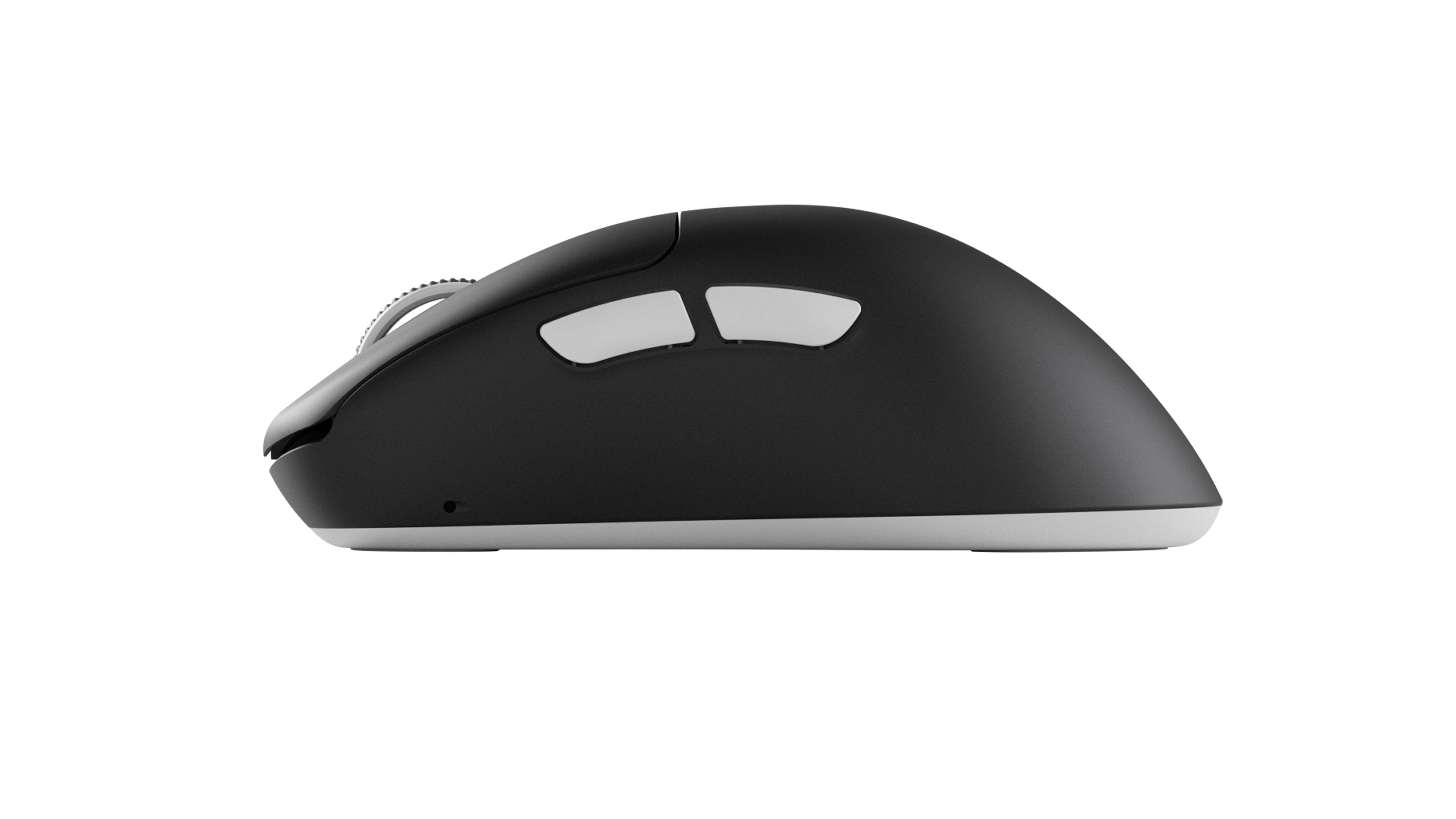 Side view of a sleek black computer mouse with two white side buttons and a white base.