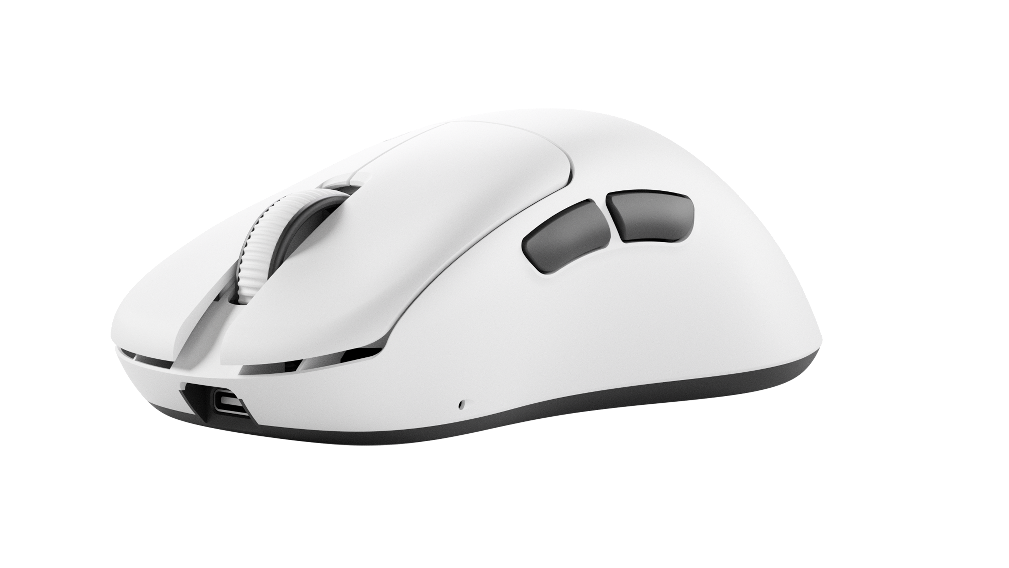 White wireless computer mouse with two black side buttons, a scroll wheel in front, and a USB-C charging port at the front bottom.