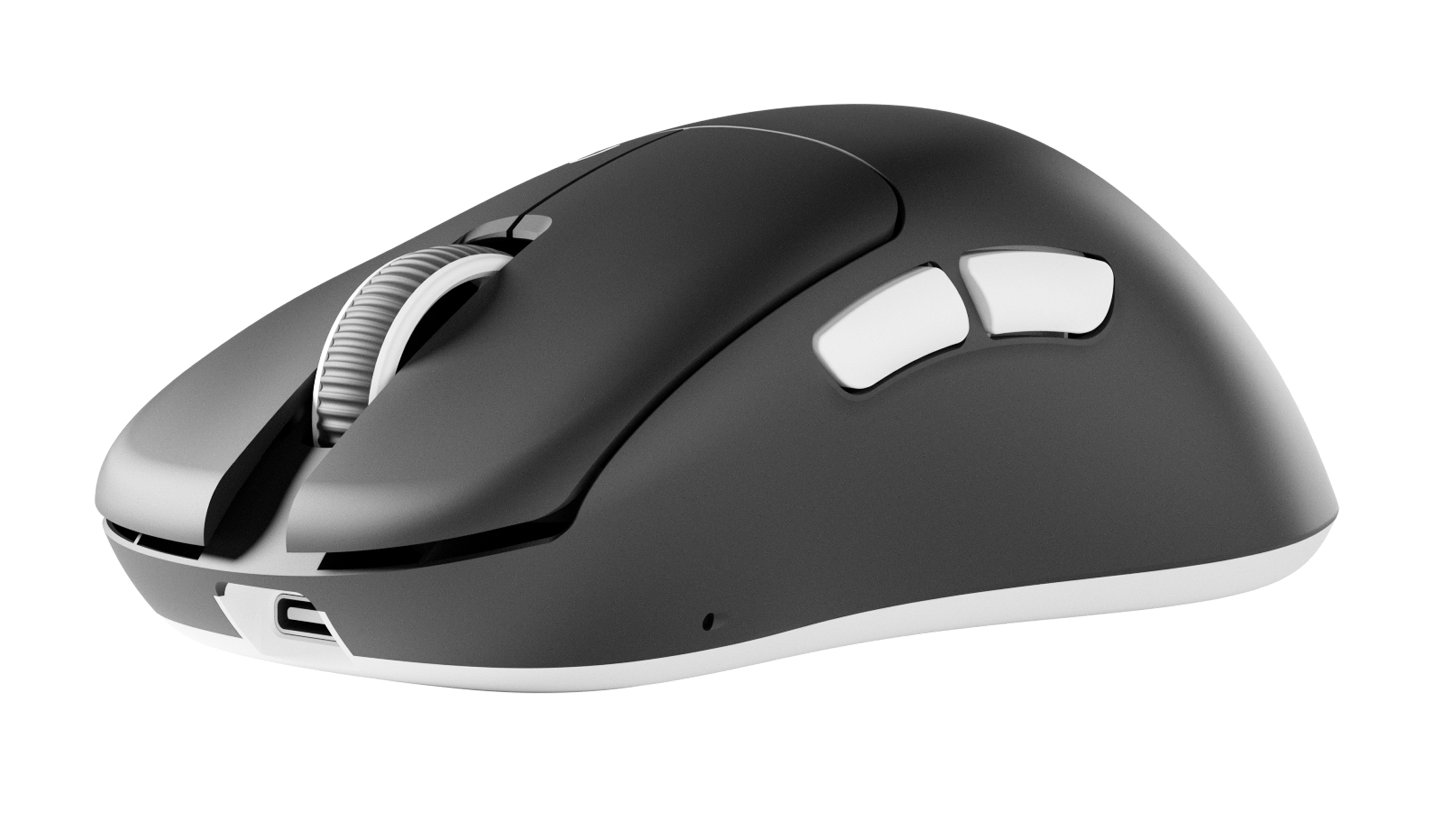 Black ergonomic computer mouse with two white side buttons, a white scroll wheel, and a USB-C charging port at the front.