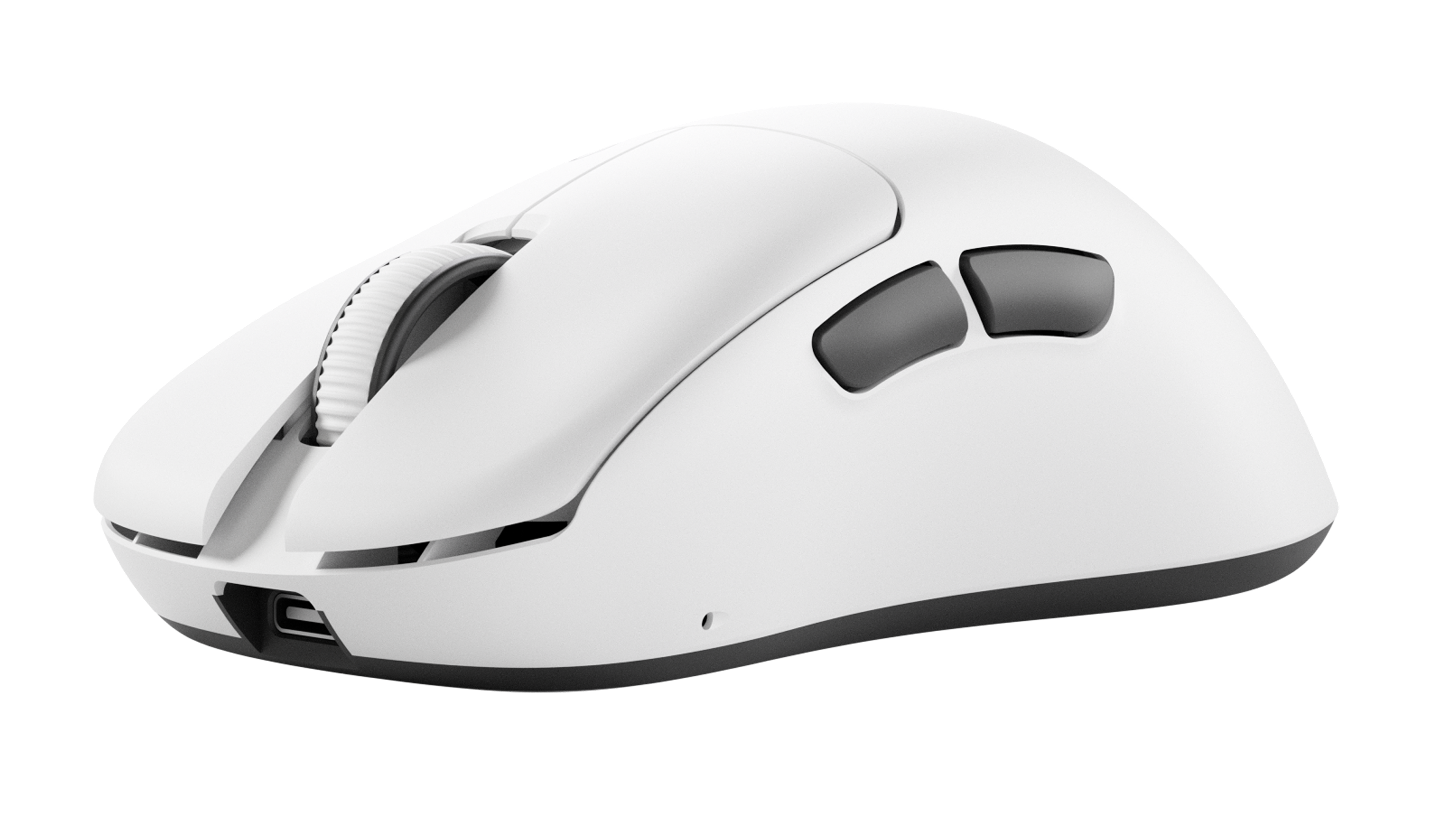 White ergonomic wireless computer mouse with a scroll wheel and two black side buttons, shown at a 45-degree front angle.