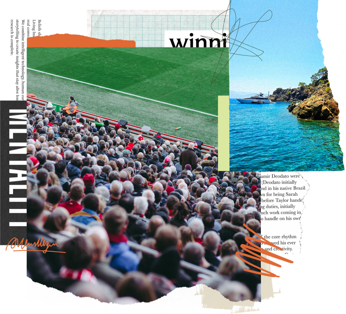 Collage of research imagery: a football crowd, a coastline, handwritten notes and torn newspaper clippings