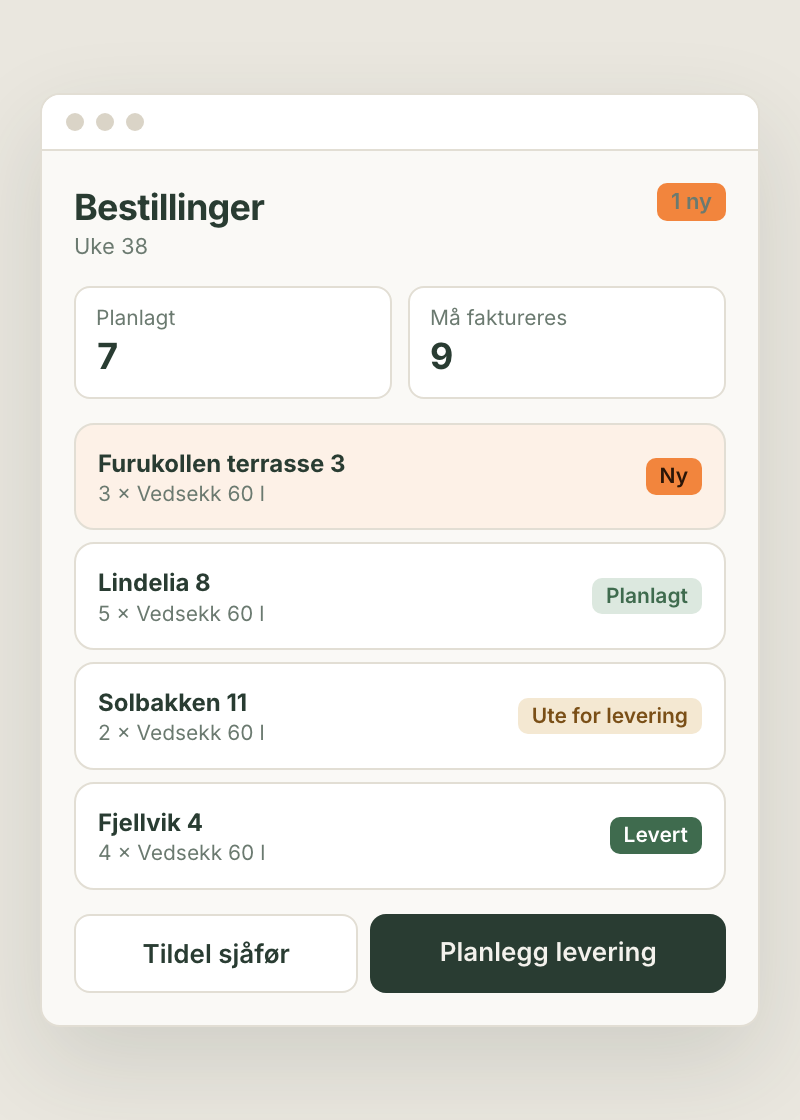 Skisse: backoffice med bestillinger og status