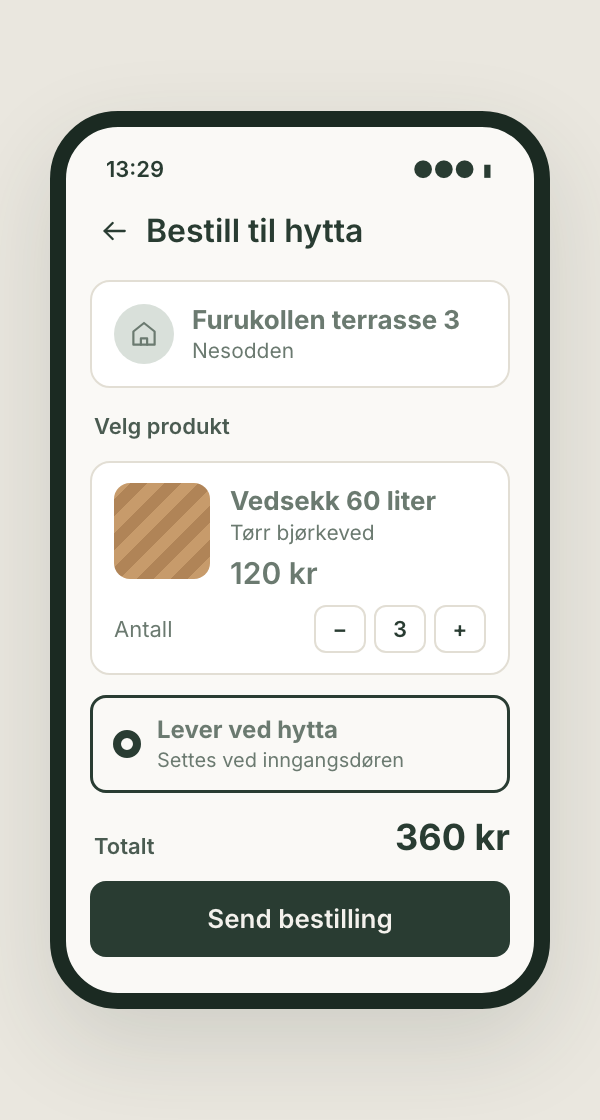 Skisse: hytteeier bestiller tre sekker ved i Fribo-appen