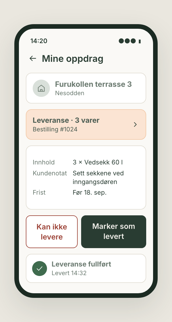 Skisse: sjåførappen Fribo Partner med oppdrag som markeres som levert