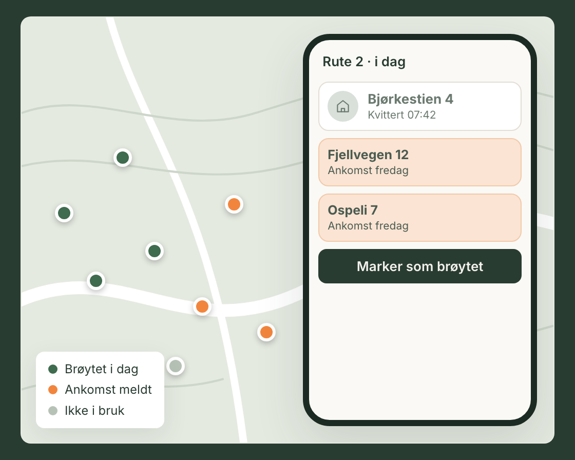 Skisse: kart med hytter som er brøytet og venter, og sjåførappen Fribo Partner med dagens rute
