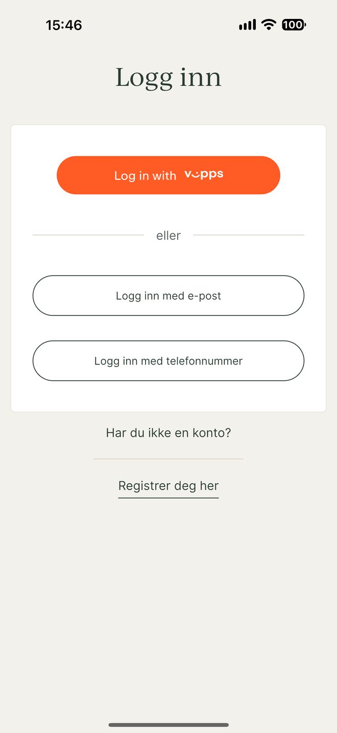 Innloggingsvalg: Vipps, e-post eller telefonnummer