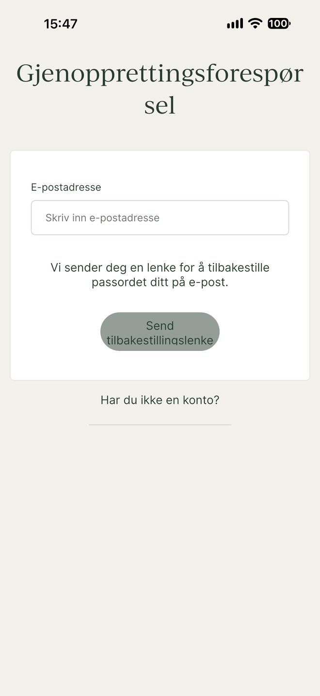 Skjema for å be om lenke til å tilbakestille passordet