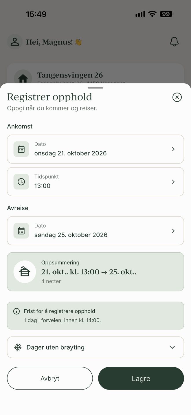 Utfylt skjema med ankomst, avreise og oppsummering