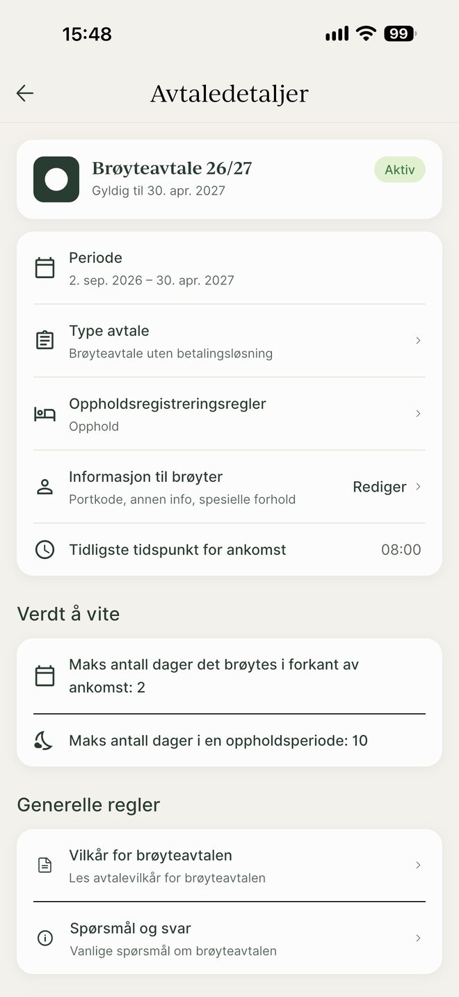 Avtaledetaljer med periode, frister og regler for brøyteavtalen