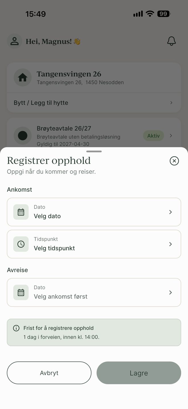 Tomt skjema for å registrere opphold