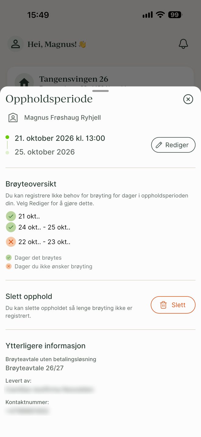 Oppholdsperiode med brøyteoversikt over hvilke dager det brøytes