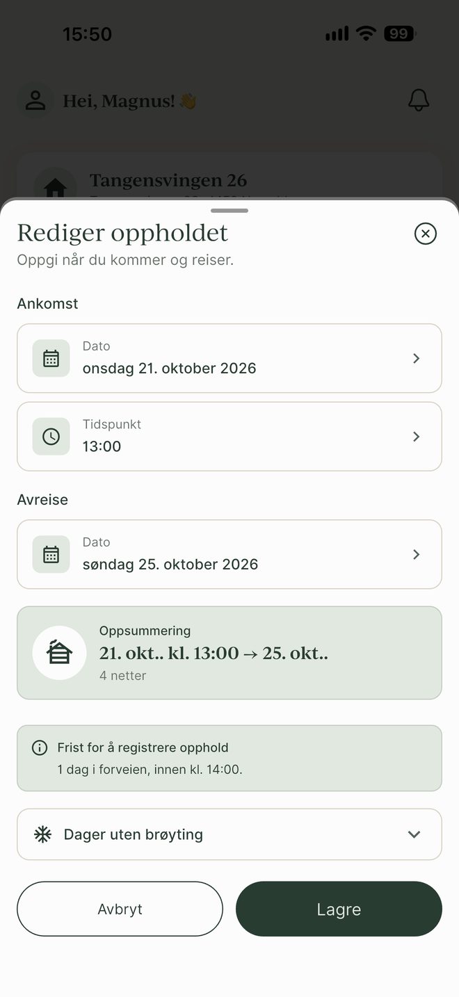 Skjema for å redigere datoene på et registrert opphold