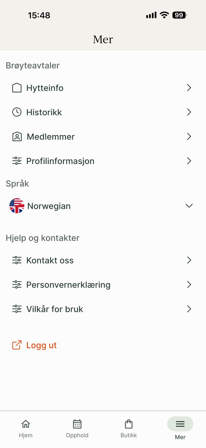 Mer-menyen med hytteinfo, historikk, medlemmer og profil