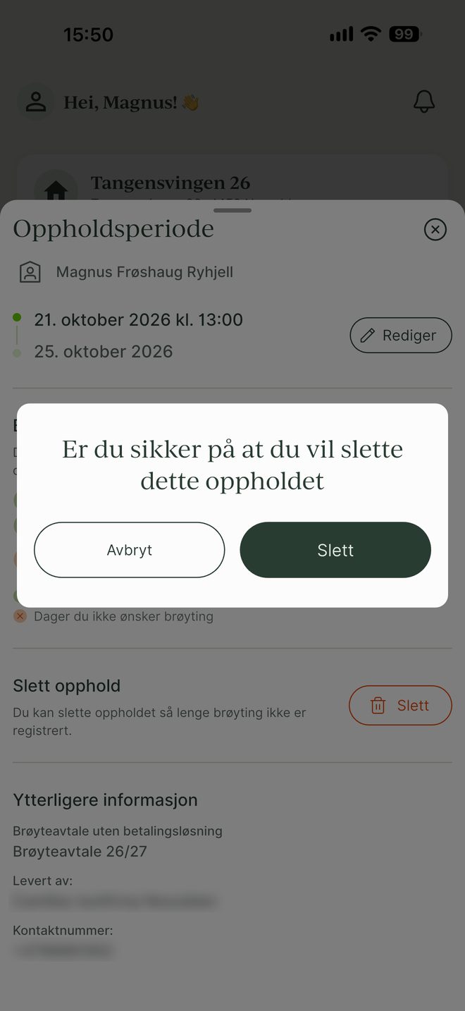 Bekreftelsesdialog før et opphold slettes