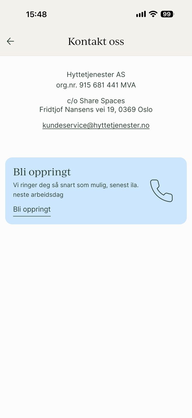 Kontakt oss-siden i appen med e-postadresse og knapp for å bli oppringt