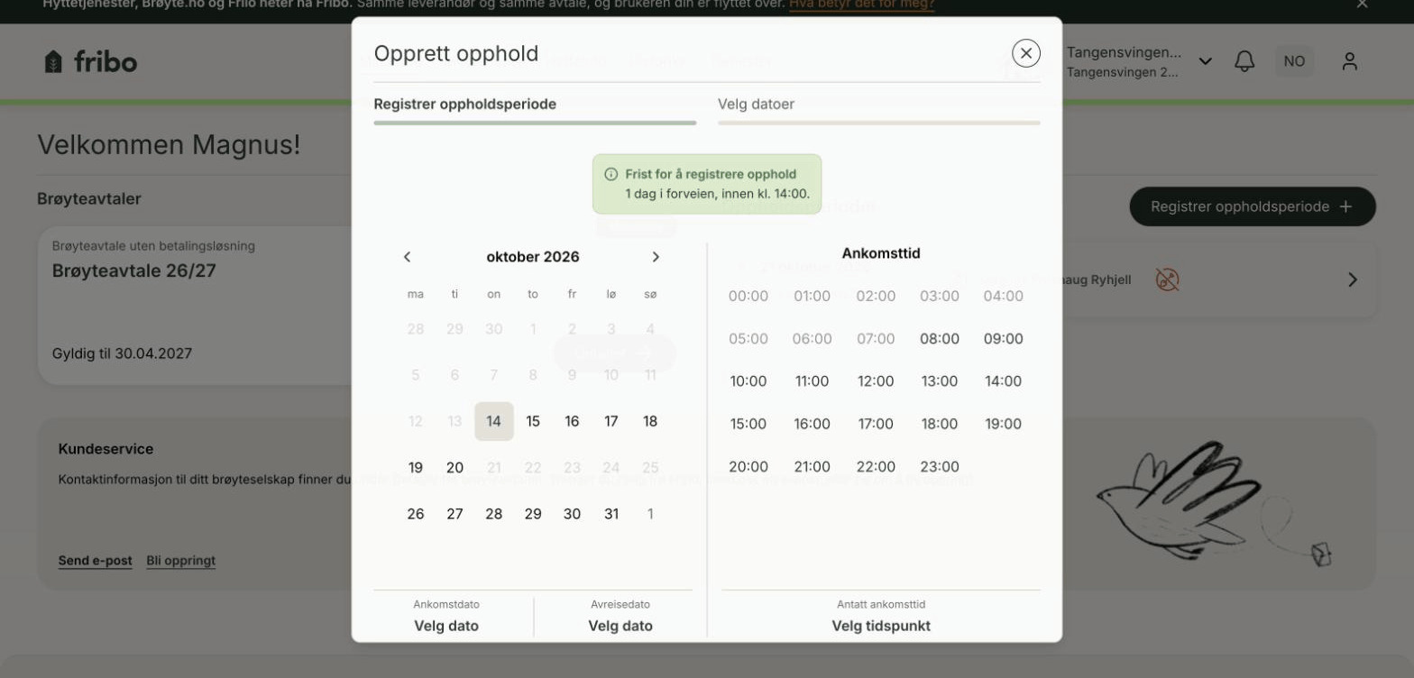Vinduet Opprett opphold med månedskalender og rutenett for ankomsttid