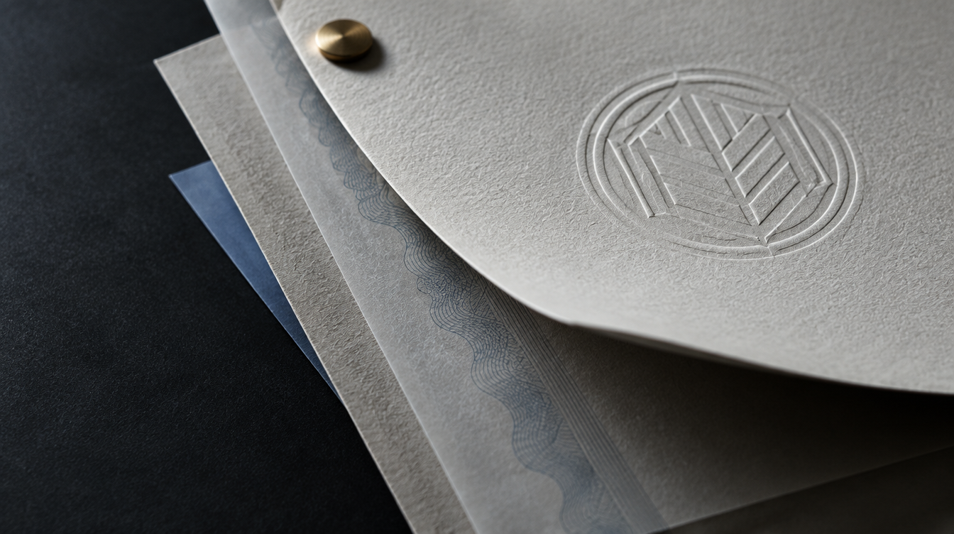 Macro photograph of layered official paper with a blind embossed seal catching raking light