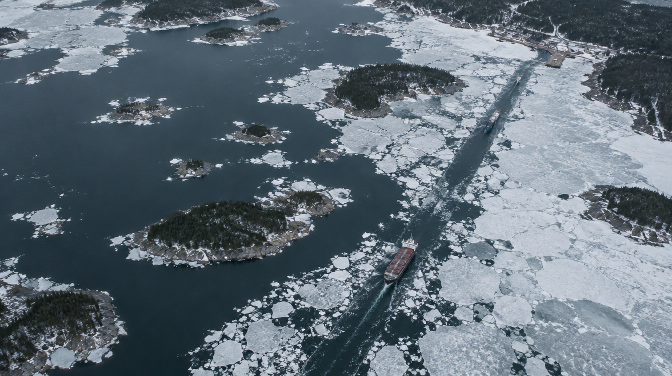 Aerial view of the Baltic archipelago in late winter, a shipping channel cutting through broken sea ice toward the mainland