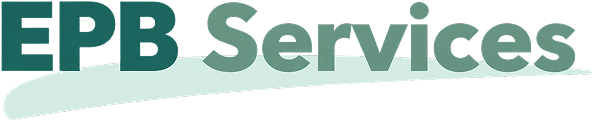 Logo EPB Services avec texte vert foncé et vert clair sous une forme incurvée blanche.