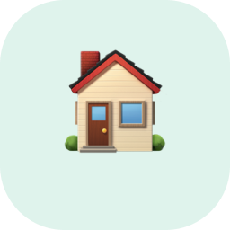 Icône d'une maison beige avec une porte brune, une fenêtre bleue, un toit rouge et une cheminée rouge, sur fond clair.