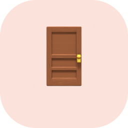 Image d'une porte en bois marron avec une poignée dorée sur un fond rose pâle arrondi.