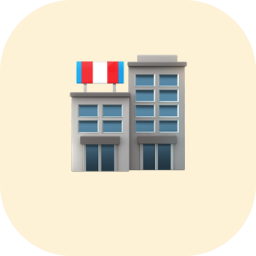 Icône d'un bâtiment commercial à deux structures, l'une plus petite avec une enseigne rouge et blanche sur le toit, l'autre plus grande avec plusieurs fenêtres.