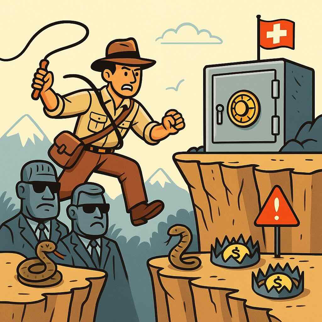 Aventurier façon Indiana Jones franchissant des obstacles vers un coffre-fort symbolisant une levée de fonds en Suisse