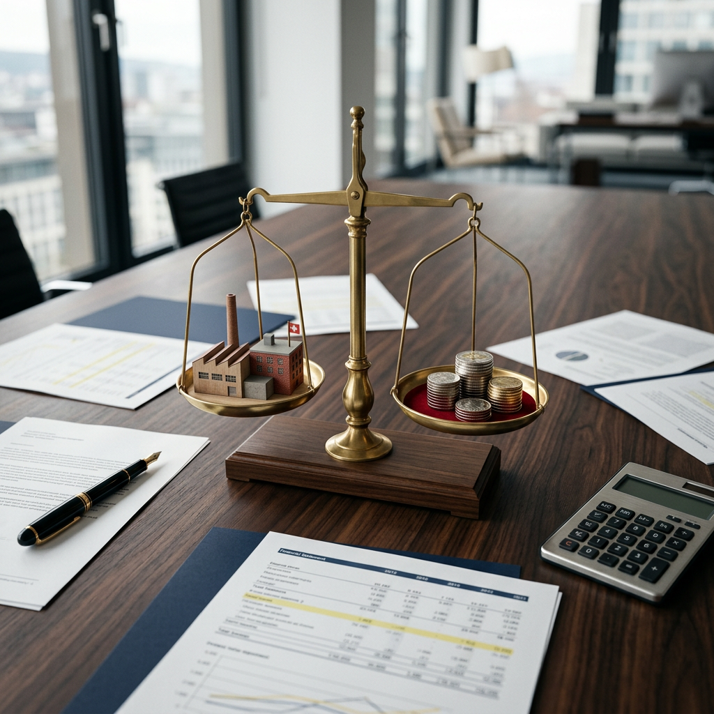 Balance pesant une maquette d’usine suisse face à des pièces, sur une table couverte d’états financiers.