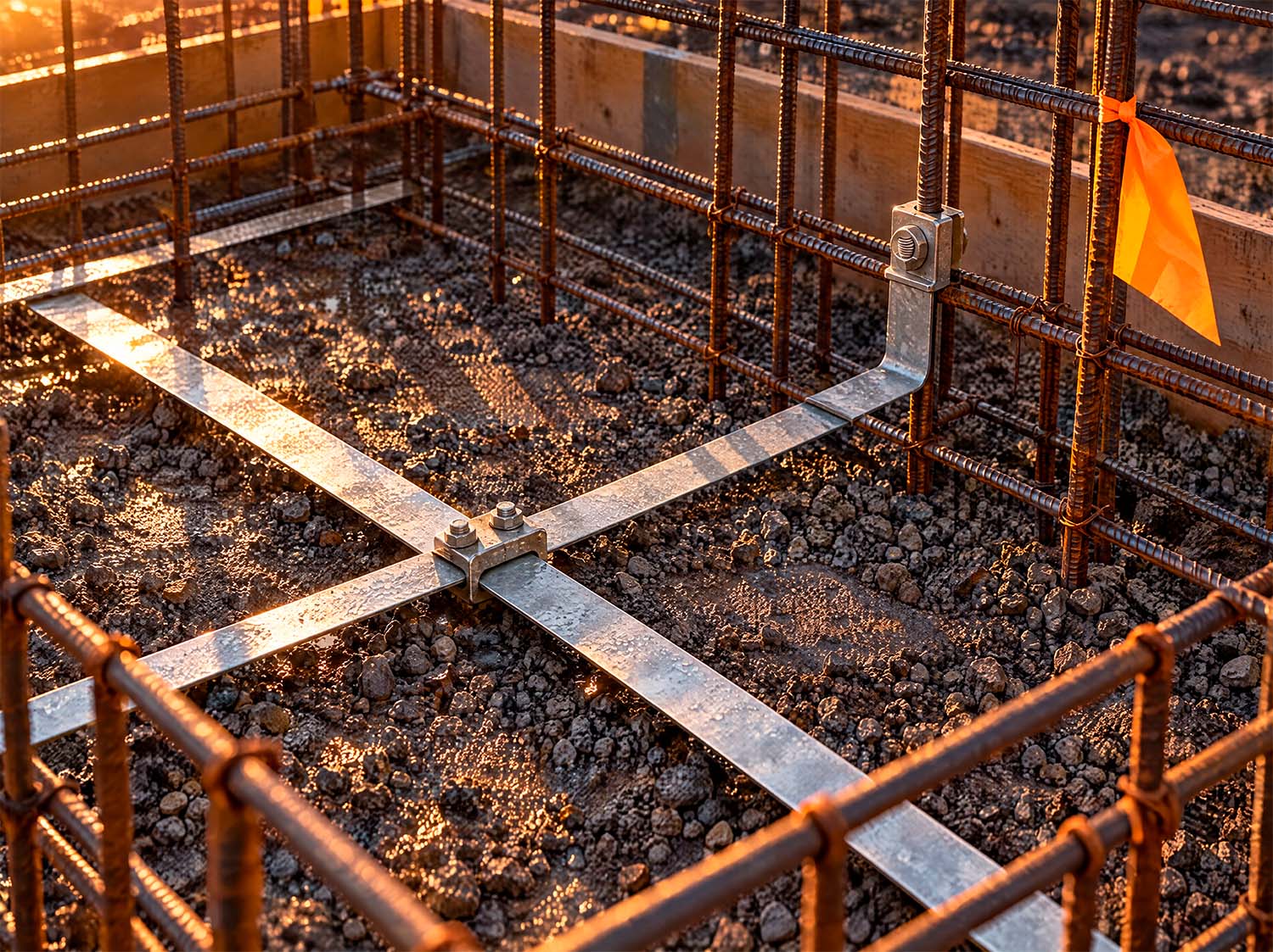 Fundamenterder im Bewehrungskorb vor dem Betonieren