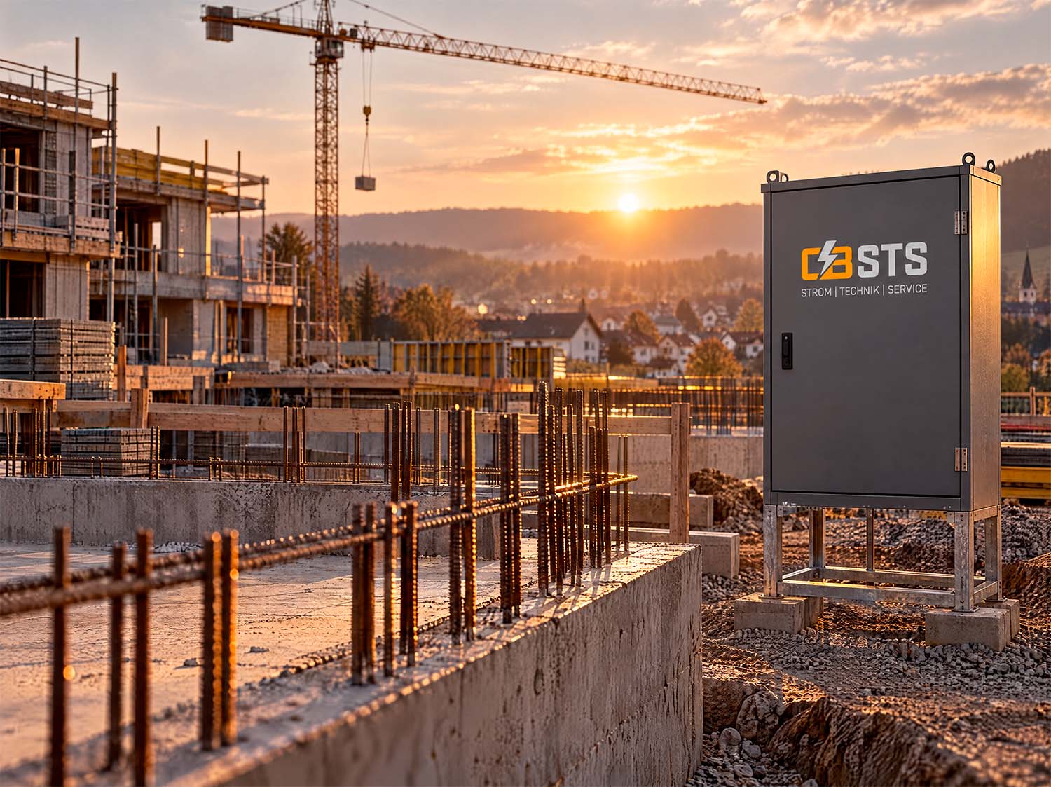 Baustelle im Rohbau mit Baustromverteiler bei warmem Abendlicht