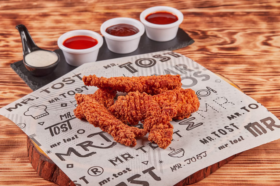 Aiguillettes de poulet pané servies avec des sauces