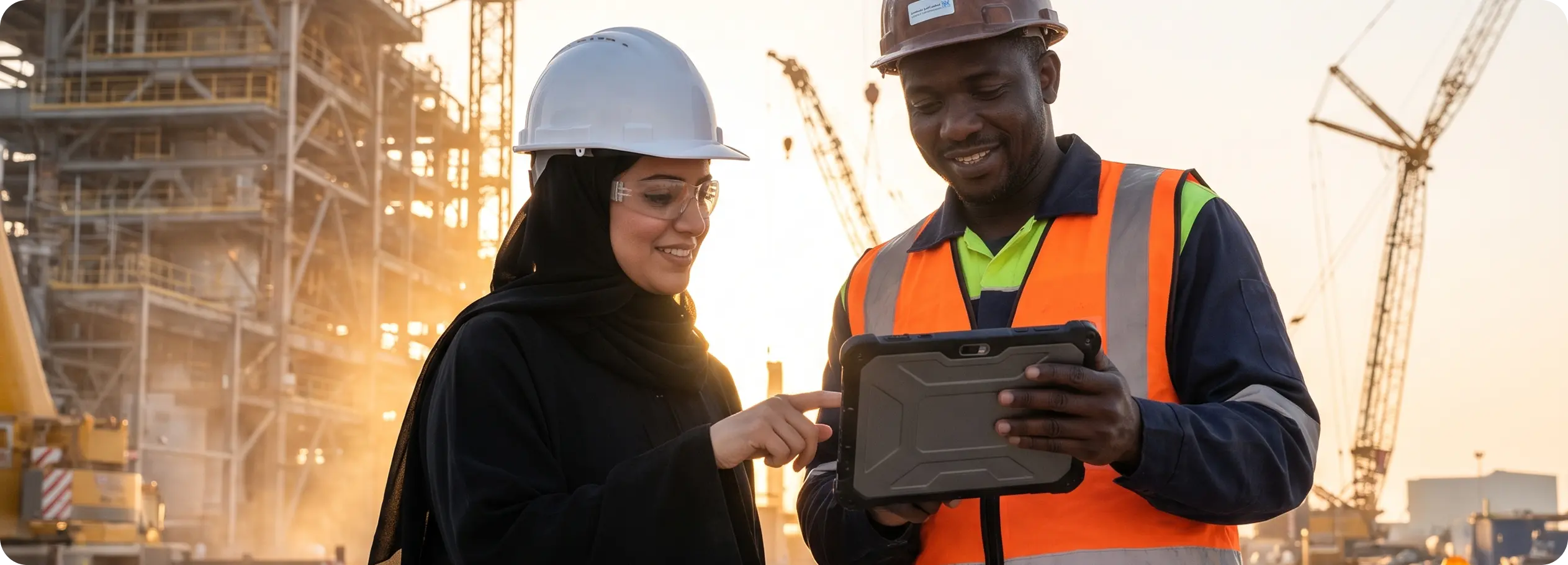 Engineers reviewing a tablet on an industrial site