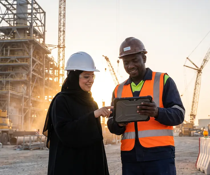 Engineers reviewing a tablet on an industrial site