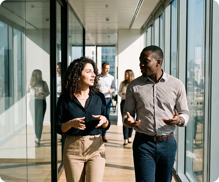 Colleagues talking in a bright office corridor
