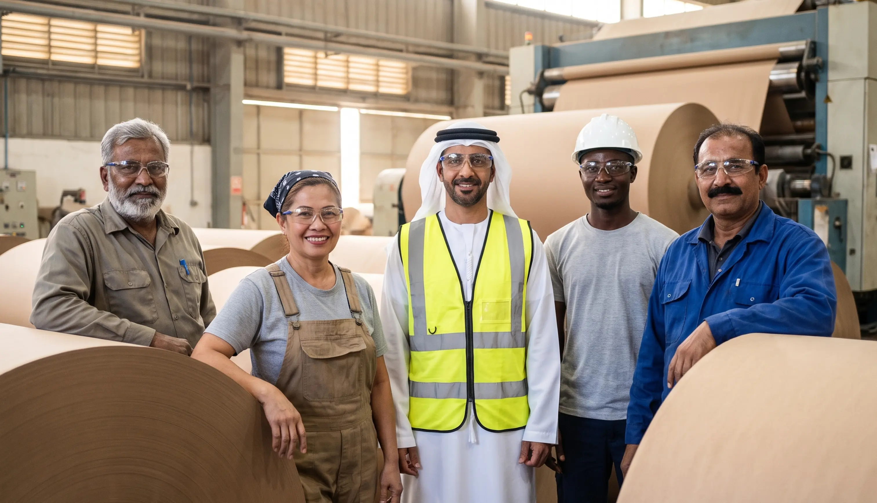 M.A.H.Y. Khoory Group team members standing among paper rolls in a recycled paper mill