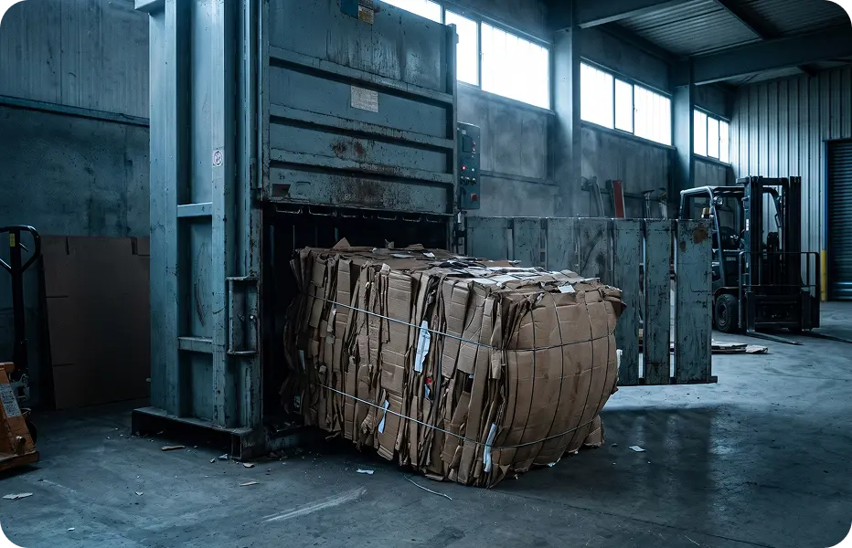 Baler compressing cardboard into a bale in a warehouse