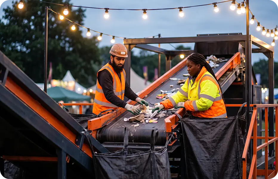 Workers sorting mixed waste on a mobile conveyor at an event