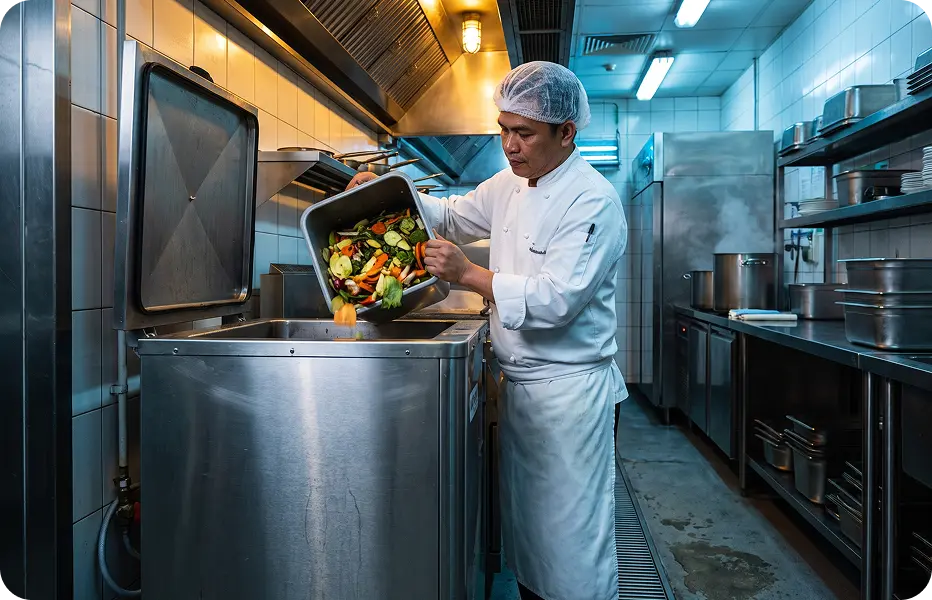 Chef loading food waste into an on-site composting machine