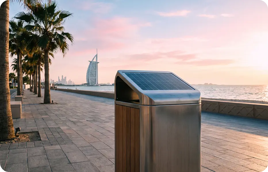 Solar-powered waste compactor on a waterfront promenade