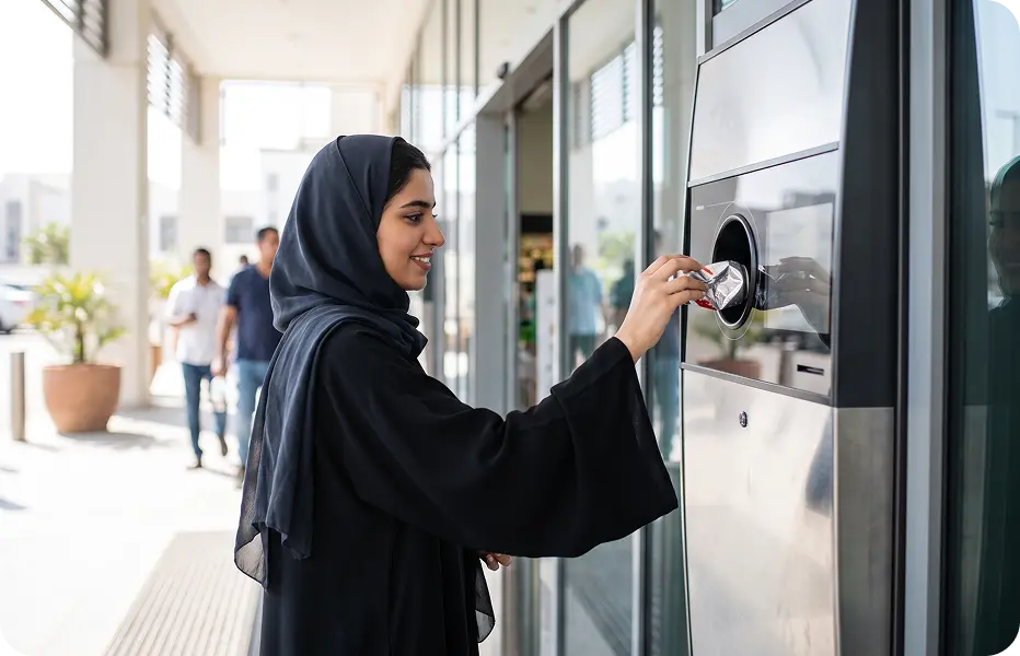 Resident returning a bottle to a reverse vending machine