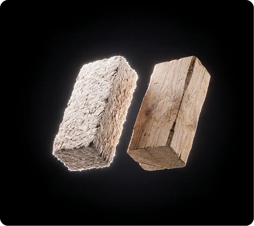 Recovered wood block beside solid timber