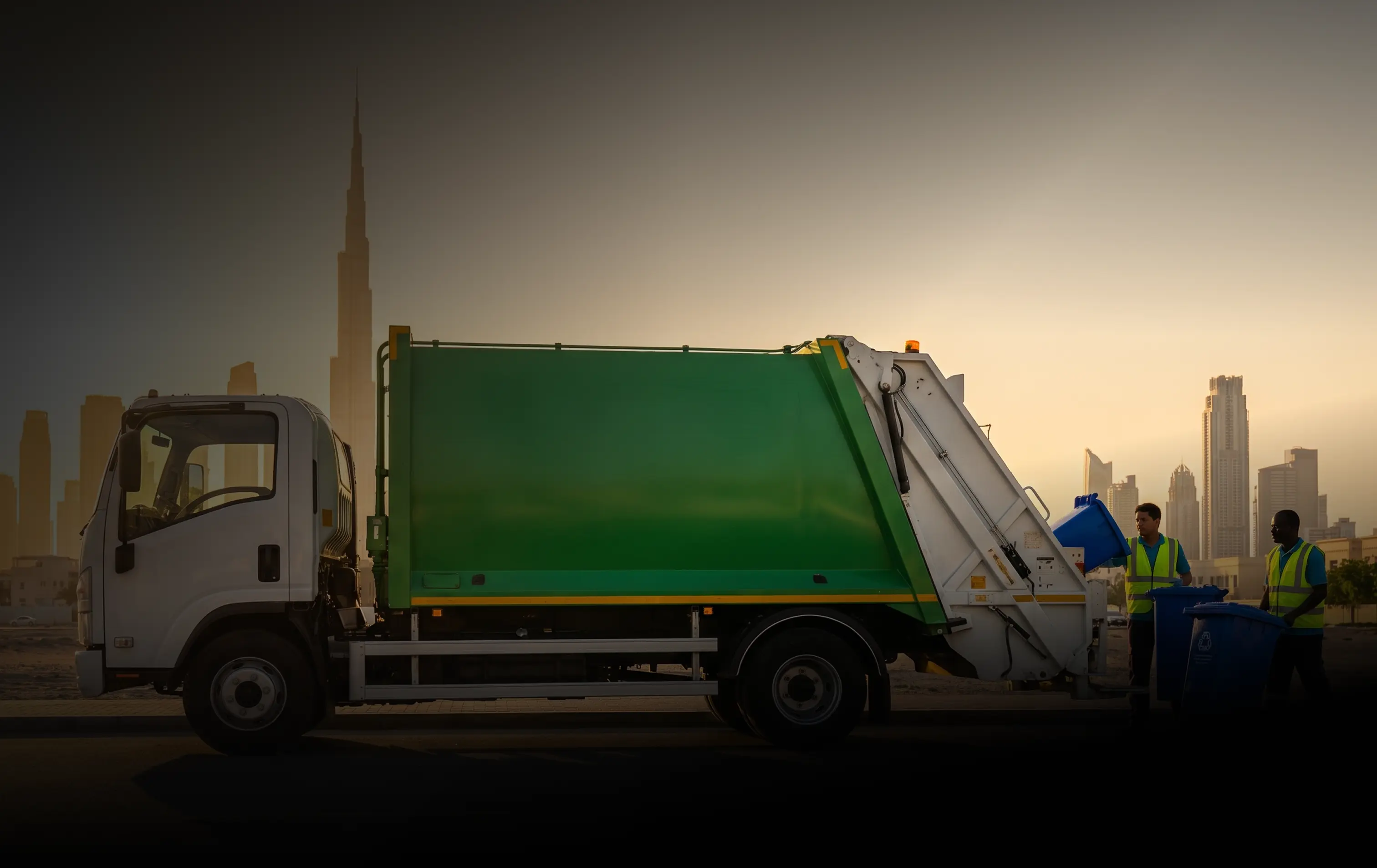 Green Arabia waste collection truck and crew in Dubai