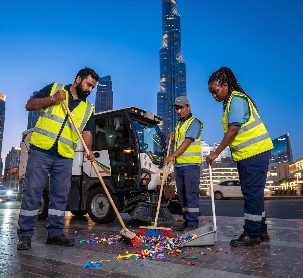 Street cleaning crew sweeping after an event in Downtown Dubai