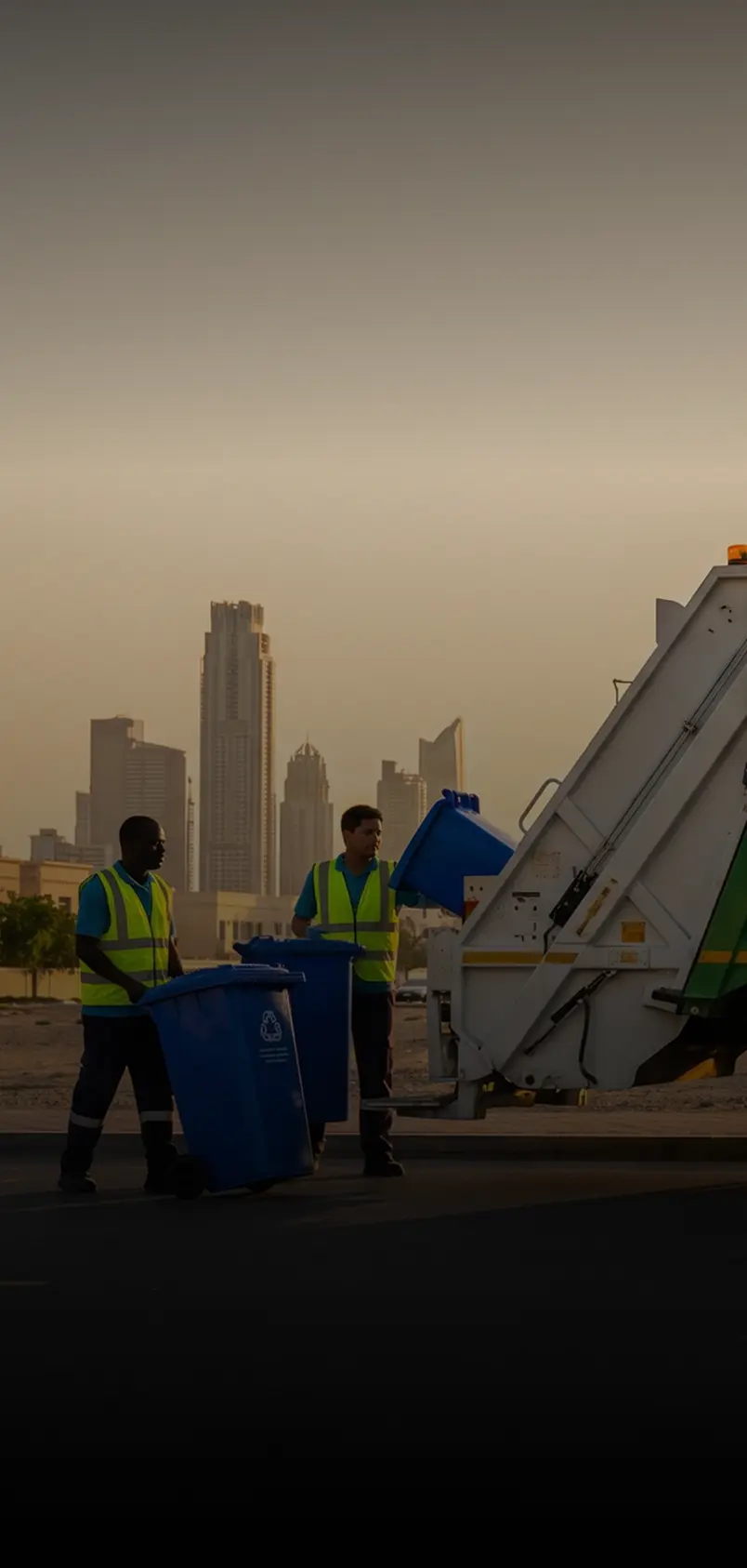 Green Arabia waste collection truck and crew in Dubai