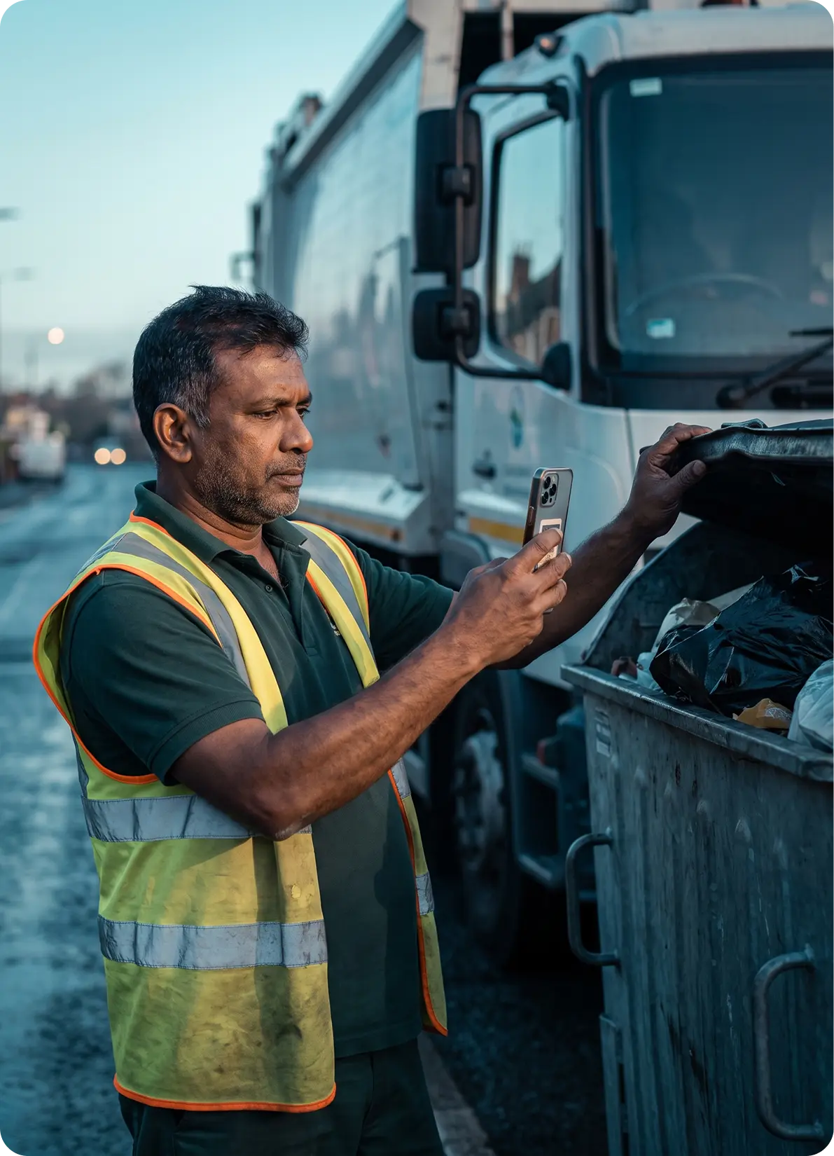 Driver logging a collection on the e-trip app beside the truck